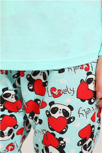 Kadın Panda Baskılı Pijama Takımı Mint