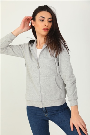 Gri Kadın Şardonlu Fermuarlı Kapüşonlu Basic Sweatshirt