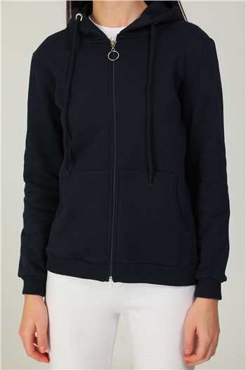 Lacivert Kadın Şardonlu Fermuarlı Kapüşonlu Basic Sweatshirt