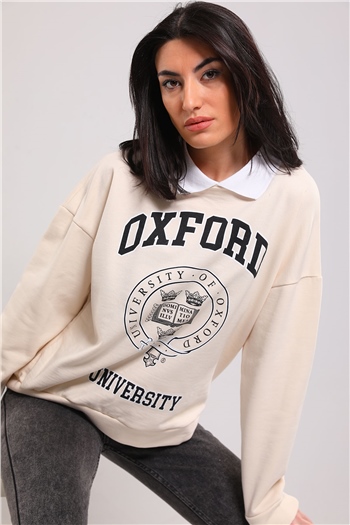 Kadın Şardonlu Yakalı Oxford Baskılı Sweatshırt Bej