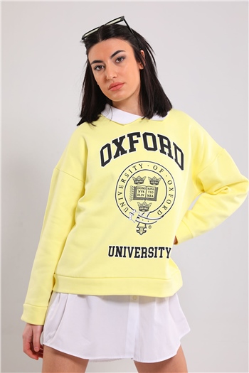 Kadın Şardonlu Yakalı Oxford Baskılı Sweatshırt Sarı