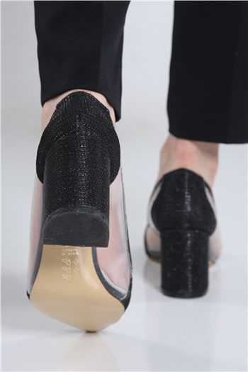 SiyahŞeffaf Kadın Sivri Burun Şeffaf Detaylı Kalın Topuk Ayakkabı