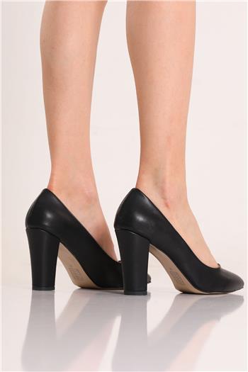 Siyah Kadın Sivri Burun Stiletto Kalın Topuklu Ayakkabı