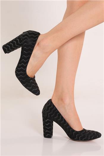 SiyahSüet Kadın Sivri Burun Stiletto Kalın Topuk Ayakkabı