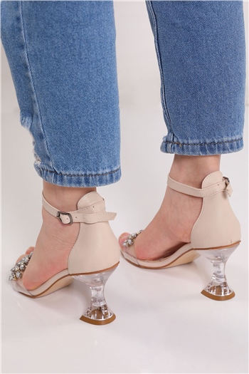 KremŞeffaf Kadın Taş Detaylı Şeffaf Topuk Ayakkabı