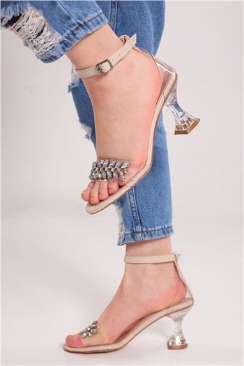 KremŞeffaf Kadın Taş Detaylı Şeffaf Topuk Ayakkabı