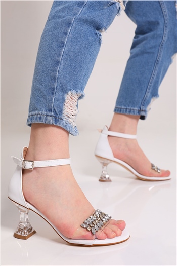 BeyazŞeffaf Kadın Taş Detaylı Şeffaf Topuk Ayakkabı