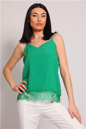 Kadın Taş İşlemeli Dantel Detaylı Bluz Yeşil