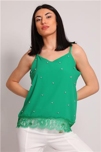 Kadın Taş İşlemeli Dantel Detaylı Bluz Yeşil