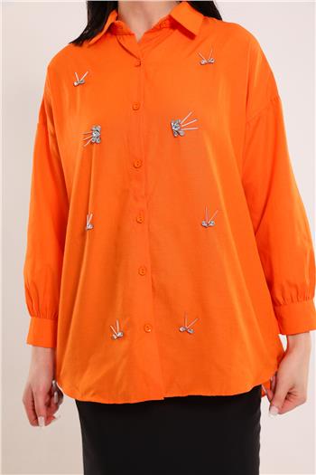 Kadın Taş İşlemeli Gömlek Orange