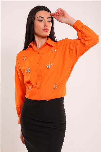 Kadın Taş İşlemeli Gömlek Orange