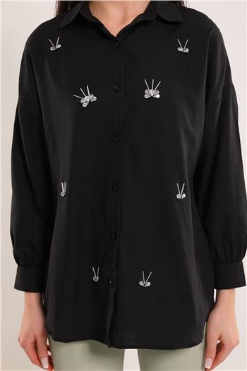 Kadın Taş İşlemeli Gömlek Siyah