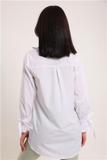 Kadın Taşli Kol Bağlamalı Tunik Gömlek Beyaz