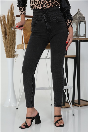 Kadın Üç Düğmeli Likralı Jeans Pantolon Antrasit