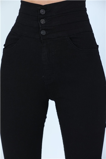 Kadın Üç Düğmeli Likralı Jeans Pantolon Siyah