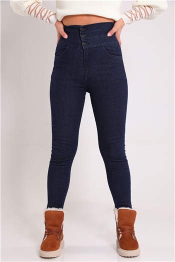 Kadın Üç Düğmeli Likralı Jeans Pantolon Lacivert