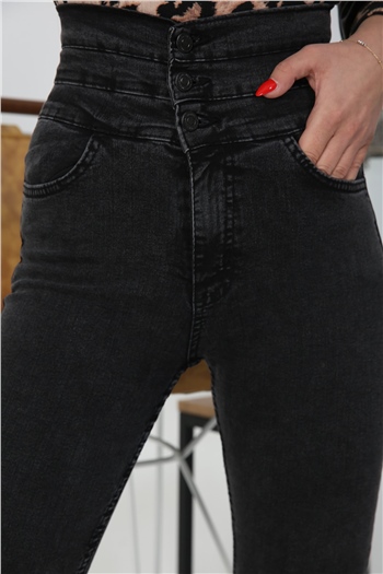 Kadın Üç Düğmeli Likralı Jeans Pantolon Antrasit