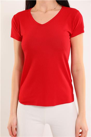 Kadın V Yaka Kendinden Desenli T-shirt Kırmızı
