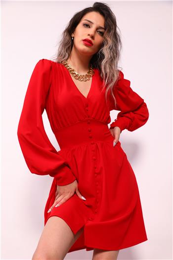 Kadın V Yaka Kol Manşetli Elbise Kırmızı