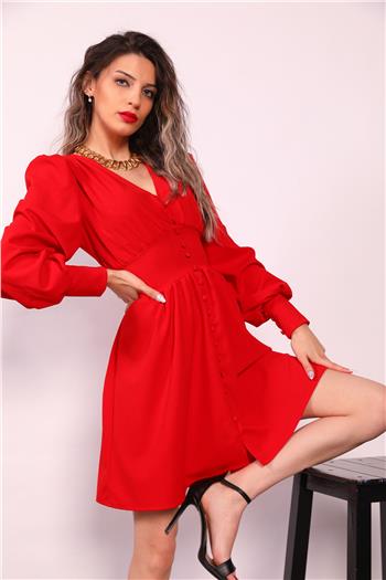 Kadın V Yaka Kol Manşetli Elbise Kırmızı