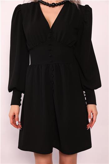 Kadın V Yaka Kol Manşetli Elbise Siyah 490740