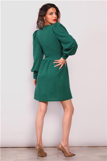 Kadın V Yaka Kol Manşetli Elbise Yeşil