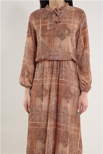 Kadın Yaka Bağlamalı Bel Lastikli Desenli Dökümlü Elbise Camel 495285