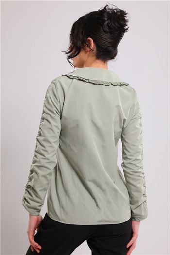 Kadın Yaka Fisto Detaylı Kol Şeritli Gömlek Yeşil