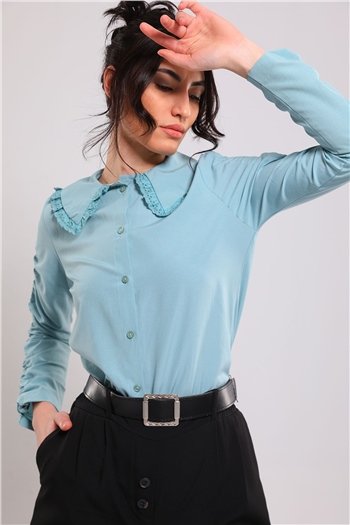 Kadın Yaka Fisto Detaylı Kol Şeritli Gömlek Mint