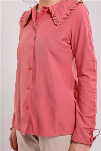 Kadın Yaka Fisto Detaylı Kol Şeritli Gömlek GülKurusu
