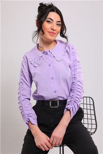 Kadın Yaka Fisto Detaylı Kol Şeritli Gömlek Lila