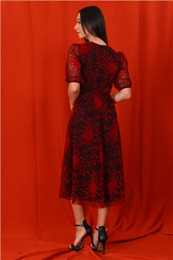 Zen-5061-2 Kadın Kruvazeli Yırtmaçlı Simli Abiye Elbise Kırmızı