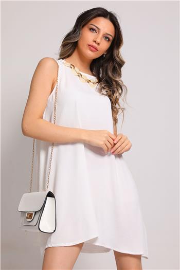 Kadın Yaka Zincirli Sıfır Kol Elbise Beyaz 493954