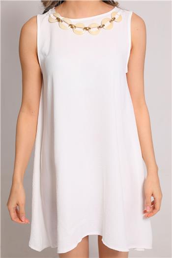Kadın Yaka Zincirli Sıfır Kol Elbise Beyaz 493954