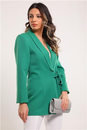Kadın Yan Bağlamalı Astarlı Blazer Ceket Yeşil
