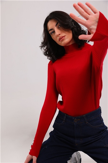 Kadın Yarım Balıkçı Fitilli Triko Bluz Kırmızı