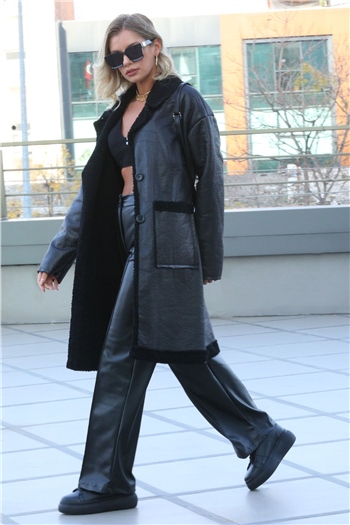 Siyah Kadın Zara Ön Cep Detaylı İçi Kürklü Uzun Kaban