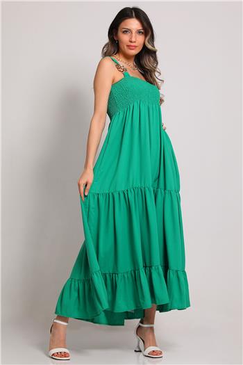 Kadın Zincir Askılı Göğüs Büzgülü Elbise Yeşil 495233