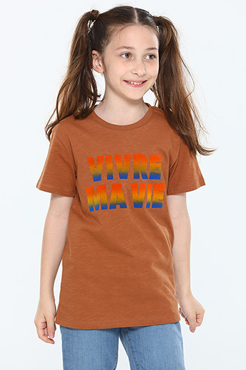 Kiremit Kız Çocuk Likralı Bisiklet Yaka Baskılı T-shirt