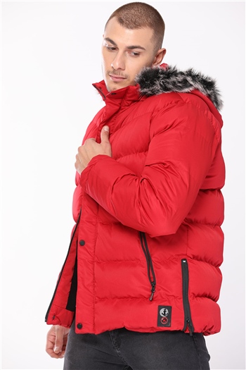 Kırmızı Erkek Kapüşonlu İçi Polarlı Şişme Mont