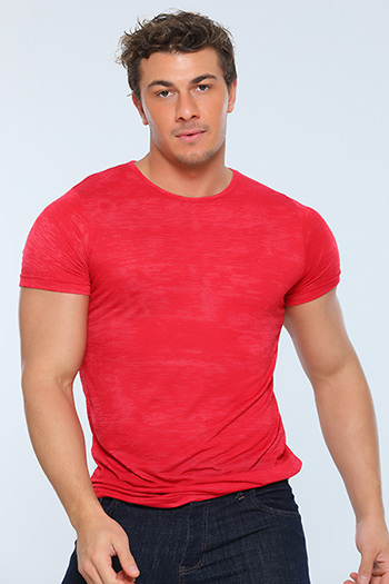 Kırmızı Erkek Likralı Bisiklet Yaka Kendinden Desenli T-shirt
