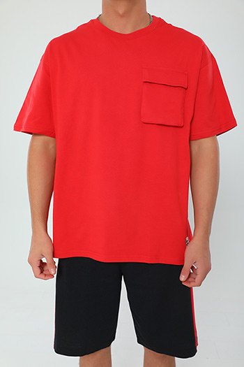 Kırmızı Erkek Oversize Körük Cepli T-shirt