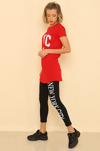 Kırmızı Kadın Likralı Bisiklet Yaka Uzun T-shirt Tayt İkili Takım 472905