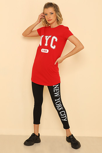 Kırmızı Kadın Likralı Bisiklet Yaka Uzun T-shirt Tayt İkili Takım 472905