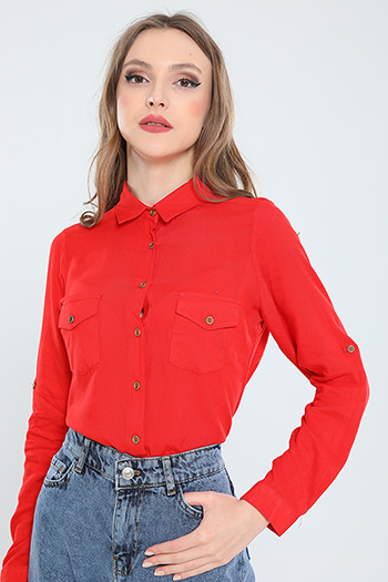 Kırmızı Kadın Likralı Kol Apoletli Basic Gömlek 471328