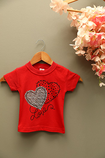 Kırmızı Kız Çocuk Likralı Bisiklet Yaka Kalp Baskılı T-shirt
