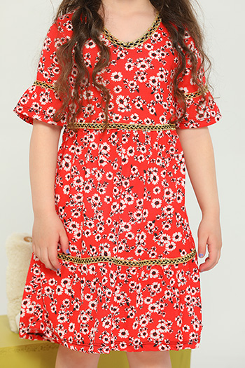 Kırmızı Kız Çocuk Likralı V Yaka Çiçek Desenli Elbise 480469