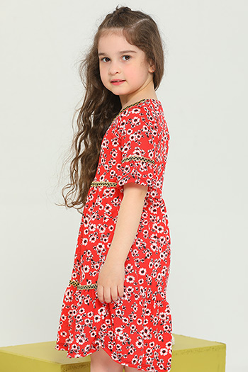 Kırmızı Kız Çocuk Likralı V Yaka Çiçek Desenli Elbise 480469