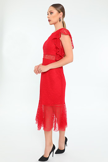 Kırmızı Ponpon Dantelli Kadın Elbise 449749