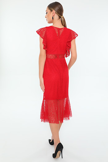 Kırmızı Ponpon Dantelli Kadın Elbise 449749